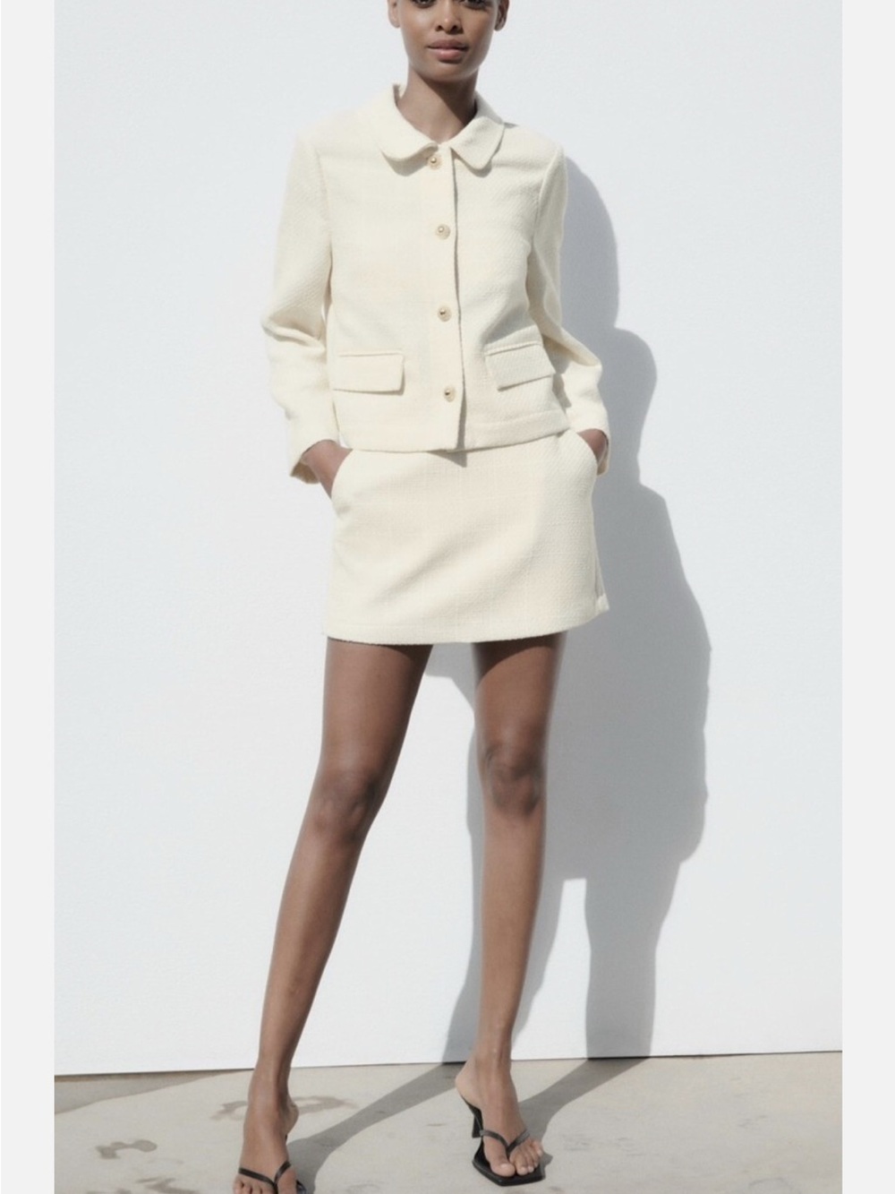 Zara XL Ecru Textured Collar Jacket Tweed